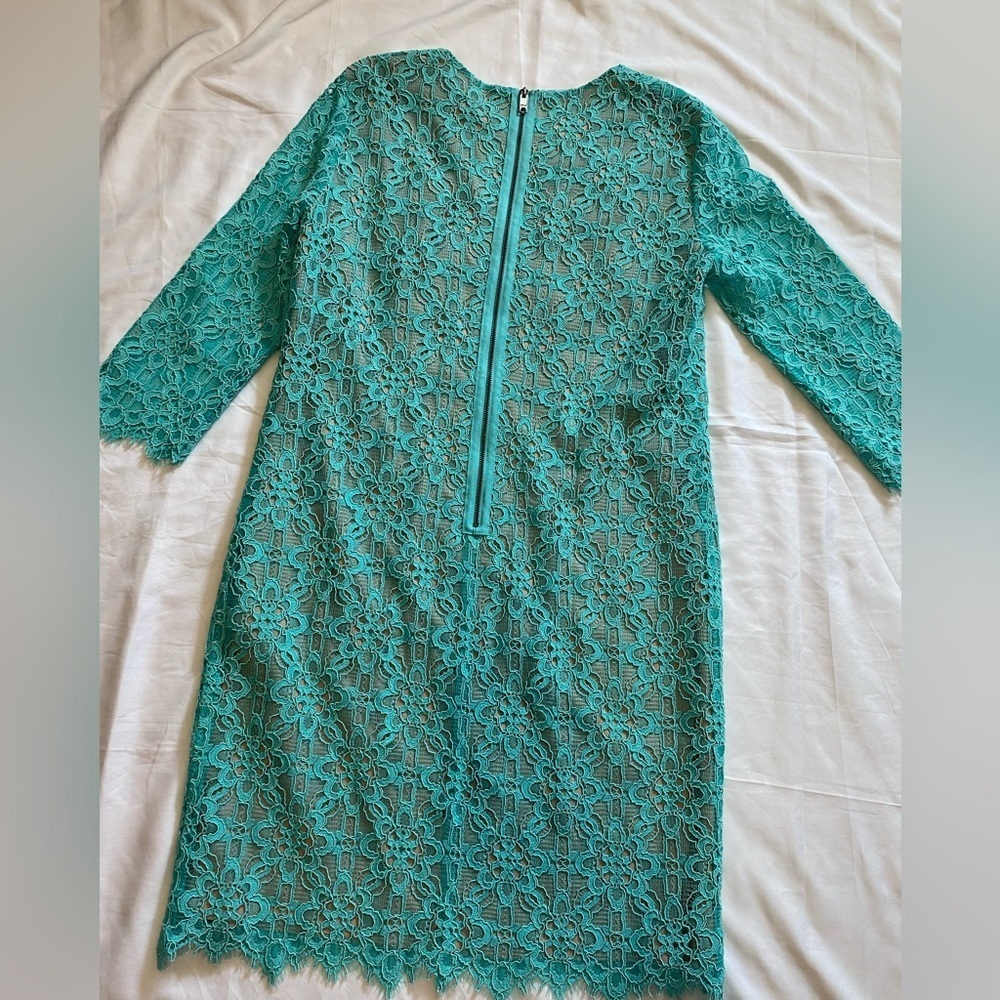 DKNY Lace Cocktail Dress | Aqua Blue Size 4 | Wedding Guest | 3/4 Sleeves - Picture 3 of 11